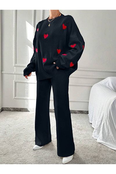 Jose Clothing Női fekete szív hímzés részlet kötöttáru pulóver nadrág kétrészes szett