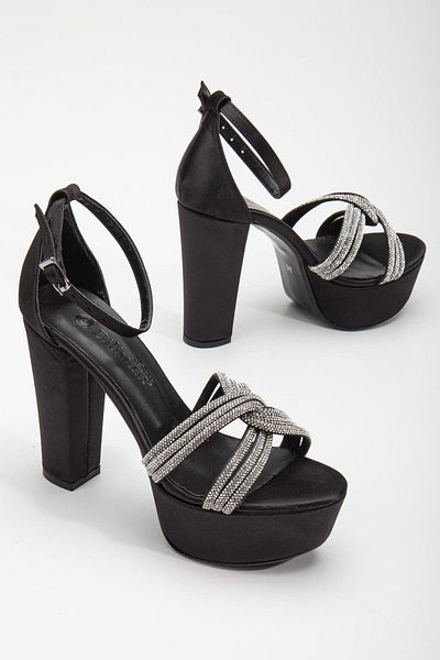 Dilimler Ayakkabı Satin Braid Stoned 40mm Black Women's Platform Heeled Evening Dress Shoes