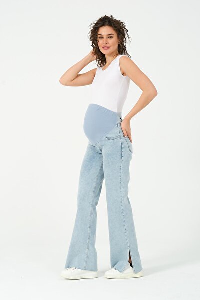 BUSA Maternity Stretchy Tummy Banded Wide Leg Adjustable Waist Jeans Stone Blue