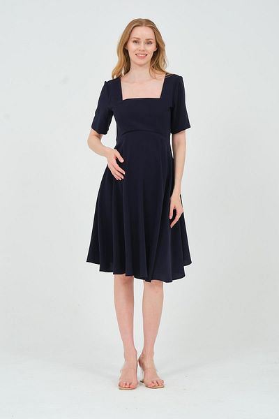 BUSA Navy Blue Midi Maternity Evening Dress - Short Sleeve, Square Collar