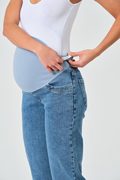 BUSA Pregnant Flexible Abdominal Banded Mom Fit Jeans Light Blue