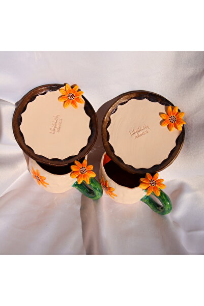 Lily & Loly Ceramics Flower Patterned Sunflower Handle Handmade Ceramic Turkish Coffee Cup and Saucer Single