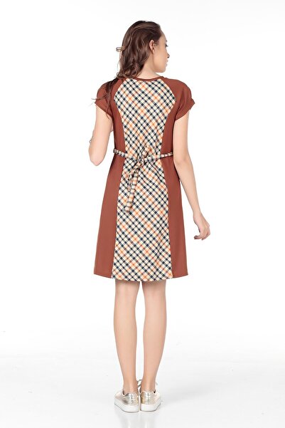 BUSA Καρό εγκυμοσύνης και πλεκτό ζέρσεϊ casual φόρεμα καφέ