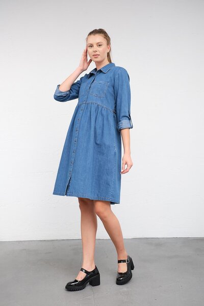 BUSA Hamile Midi Boy Kolu Katlanabilir Önden Düğmeli Kot Elbise Mavi