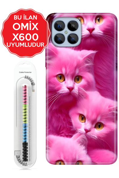 omix X3 X5 X6 X7 X300 X400 X500 X600 X700 Kılıf + SpiralKablo Pembe Kediler