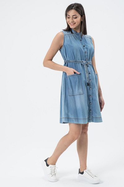 BUSA Rochie de maternitate din denim cu mânecă zero, cu buzunar frontal, cu nasturi, albastră