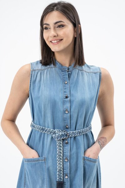 BUSA Hamile Önden Cepli Düğmeli Sıfır Kol Kot Elbise Mavi