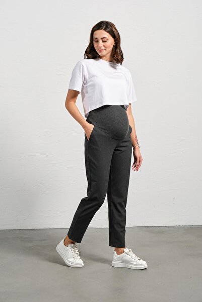 BUSA Pregnant Flexible Abdominal Banded Waist Adjustable Mom Fit Classic Gabardine Trousers Anthracite