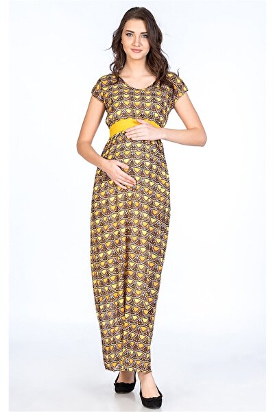 BUSA Hamile Günlük Elbise Desenli Kemerli Sarı