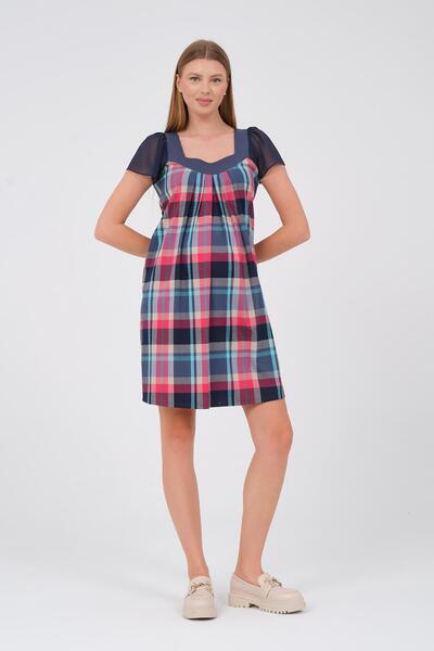 BUSA Hamile Kısa Kollu Ekose Şifon Detaylı Elbise Pembe