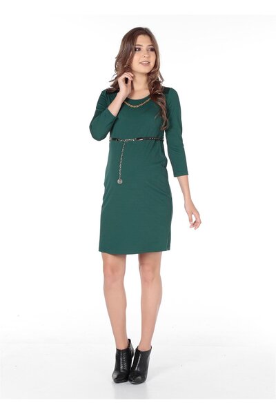 BUSA Pregnant Casual Dress Green with Chain Waist Belt