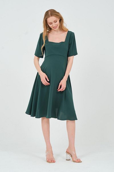 BUSA Green Midi Maternity Evening Dress - Short Sleeve and Square Collar
