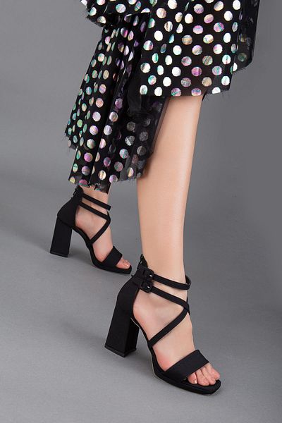Dilimler Ayakkabı Satin Single And Cross Band Black Women's Platform Heel Evening Dress Shoes