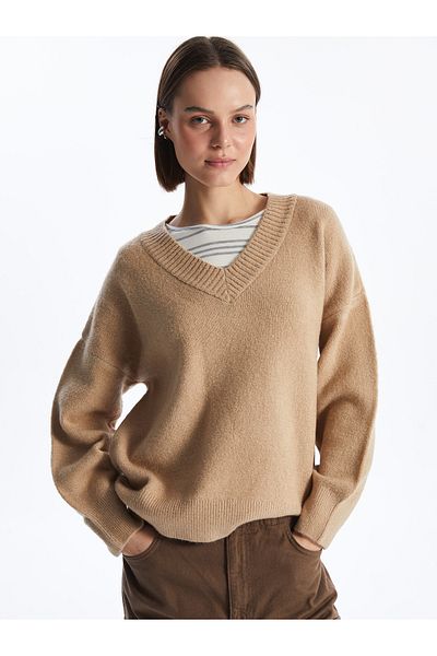LC Waikiki V-Neck Plain Long Sleeve Oversize Women's Knitwear Sweater