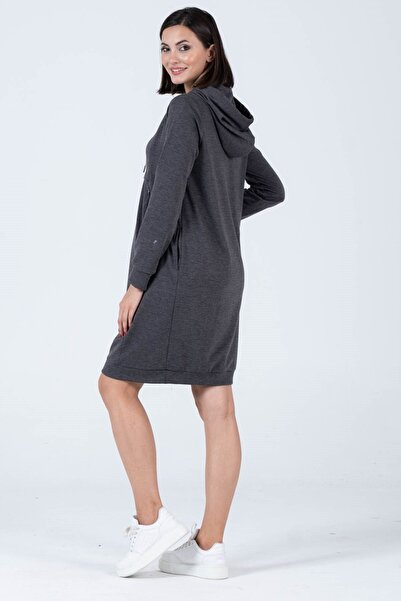 BUSA Hamile Çelik Örme Emzirme Detaylı Kapüşonlu Elbise Antrasit