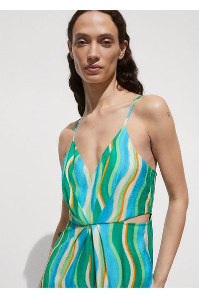 MANGO Woman Slit Drape Collar Patterned Jumpsuit