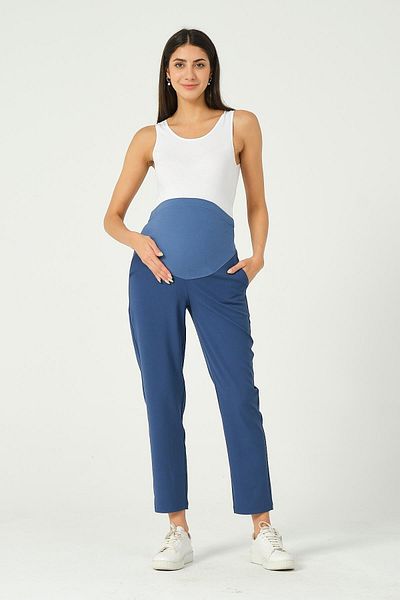 BUSA Insarcinata Flexibila Abdominal Banded Talie Ajustabil Mom Fit Pantaloni Clasici Gabardina Albastru