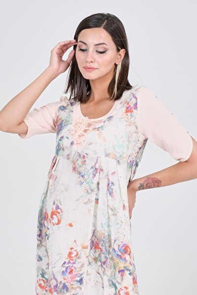 BUSA Hamile Yaka İpli Keten Çiçek Desenli Elbise MOR