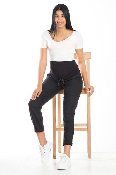 BUSA Pregnant Flexible Abdominal Banded Waist Adjustable Leg Buttoned Classic Trousers Black