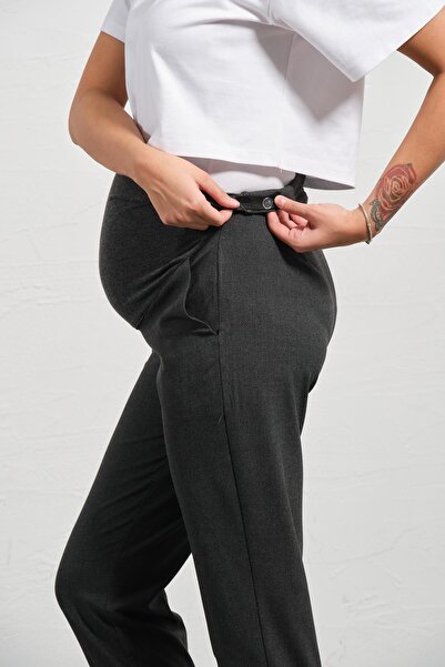 BUSA Pregnant Flexible Abdominal Banded Waist Adjustable Mom Fit Classic Gabardine Trousers Anthracite