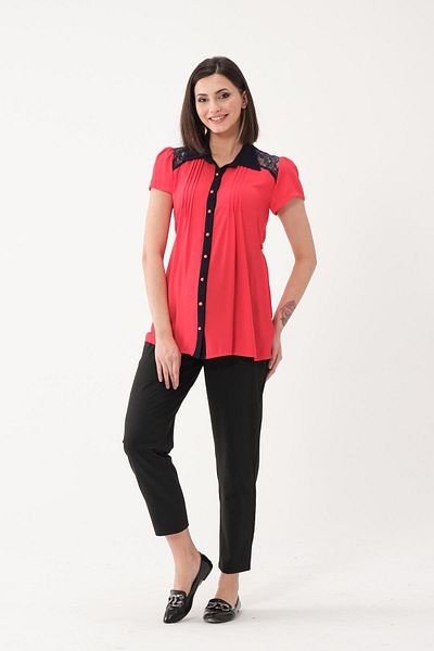 BUSA Maternity Chiffon Short Sleeve Lace Detailed Shirt Red
