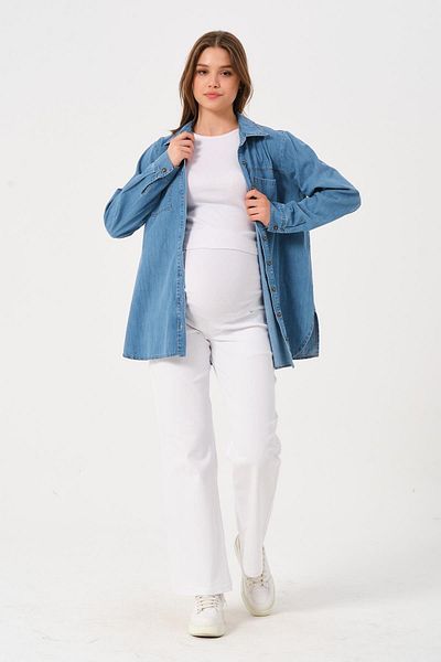 BUSA Blue Oversize Maternity Denim Shirt - Front Pocket