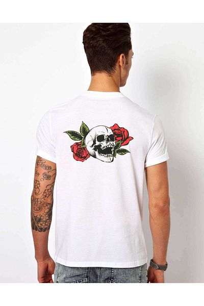 Tshirthane Ανδρικό λευκό μπλουζάκι με στάμπα Skull Rose