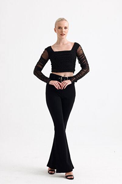 Sense Square Collar Long Sleeve Elastic Gathered Tulle Evening Dress Blouse | Blz33886 Black