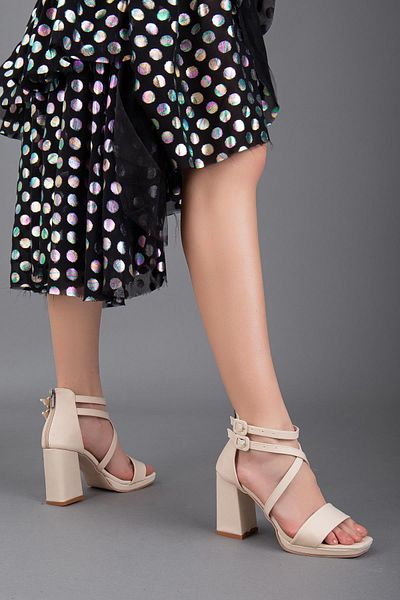 Dilimler Ayakkabı Satin Single And Cross Band Beige Women's Platform Heel Evening Dress Shoes