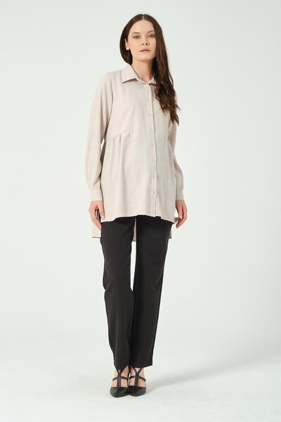 BUSA Hamile Önü Kısa Arkası Uzun Keten Gömlek Taş