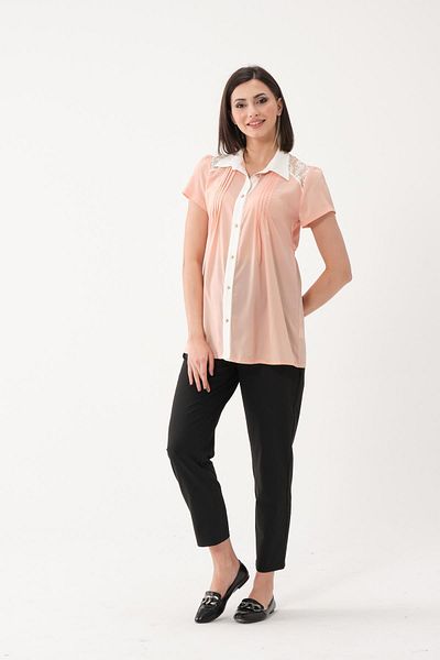 BUSA Maternity Chiffon Short Sleeve Lace Detailed Shirt Salmon