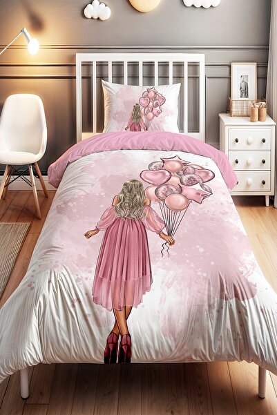 EVPANYA Pembe Yıldız Balonlu Kız Desenli Tek Kişilik Bebek Çocuk Nevresim Seti