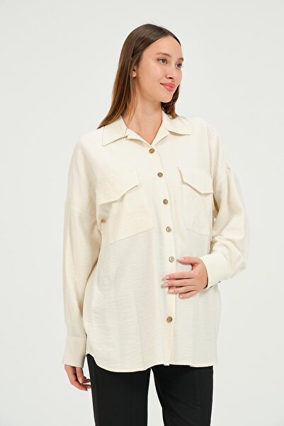 BUSA Ecru Colored Maternity Shirt - Front Pocket and Button