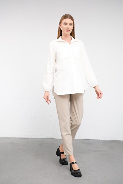 BUSA White Linen Shirt - Maternity Sleeve Elastic, Front Pocket