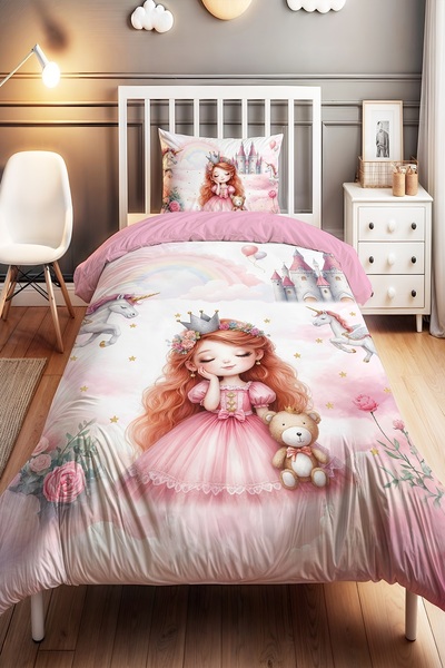 EVPANYA Kızıl Saçlı Prenses Desenli Tek Kişilik Bebek Çocuk Nevresim Seti