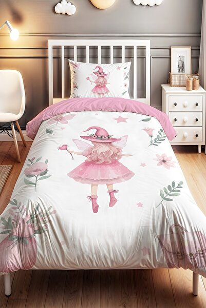 EVPANYA Pembe Cadı Şapkalı Peri Kızı Desenli Tek Kişilik Bebek Çocuk Nevresim...