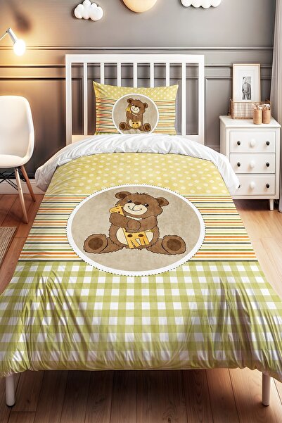 EVPANYA Ayıcık ve Zürafa Desenli Tek Kişilik Bebek Çocuk Nevresim Seti