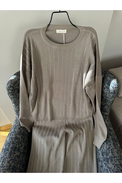Natavanbutık Striped Shiny Stone Detailed Top and Bottom Set