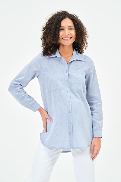 BUSA Maternity Long Sleeve Linen Shirt with Front Pockets Blue