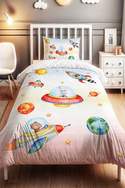 EVPANYA Ufolar ve Gezginler Desenli Tek Kişilik Bebek Çocuk Nevresim Seti