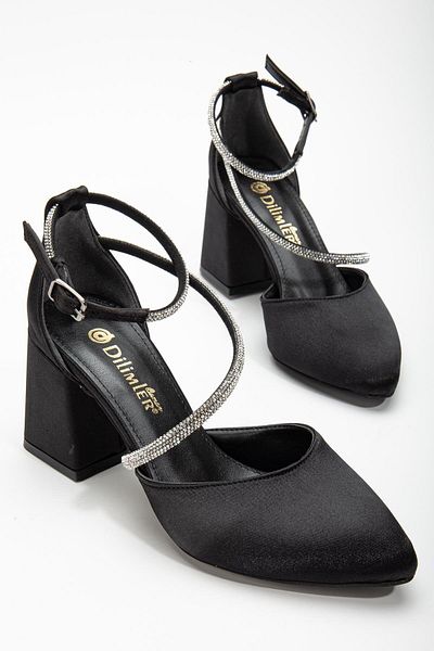 Dilimler Ayakkabı Large Size Helmet Jewelled Slit Satin Black Women's Heeled Evening Dress Shoes
