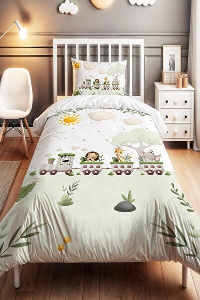 EVPANYA Doğa Safari Treni Desenli Tek Kişilik Bebek Çocuk Nevresim Seti