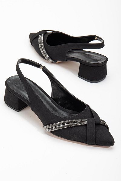 Dilimler Ayakkabı Large Size Satin Stoned Black Women's Short Heeled Evening Dress Shoes