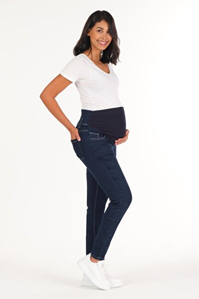 BUSA Pregnant Flexible Abdominal Banded Narrow Leg Thermal Jeans Trousers Navy Blue