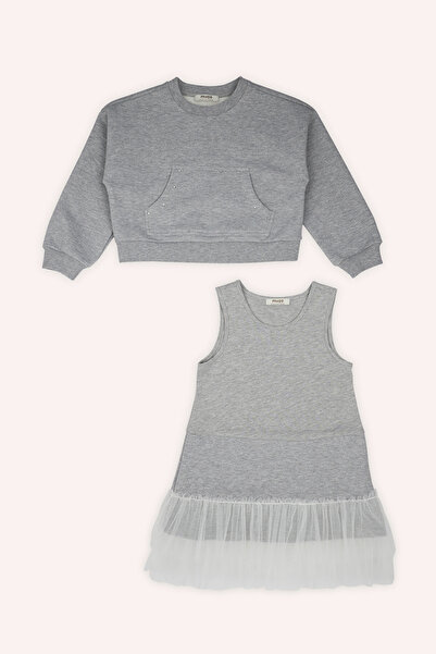 Panço Kız Çocuk İç Elbiseli Gri-Melanj Örme Elbise