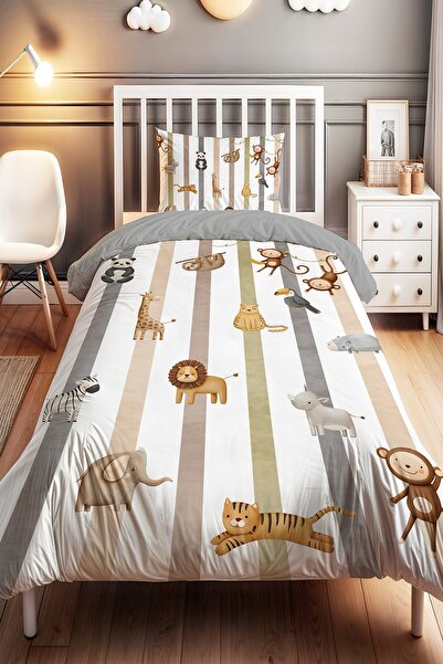 EVPANYA Çizgiler ve Hayvanlar Desenli Tek Kişilik Bebek Çocuk Nevresim Seti