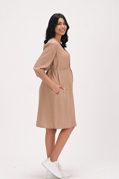 BUSA Hamile V Yaka Yandan Cepli Kolu Lastikli Elbise Vizon