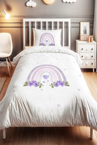 EVPANYA Mor Çiçekli Gökkuşağı Desenli Tek Kişilik Bebek Çocuk Nevresim Seti