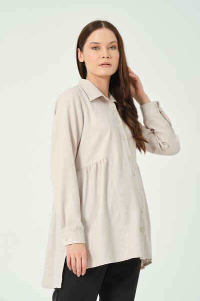BUSA Hamile Önü Kısa Arkası Uzun Keten Gömlek Taş