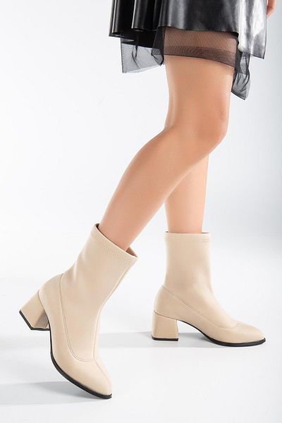 Dilimler Ayakkabı Stretch Waterproof Large Size Beige Women's Heeled Boots